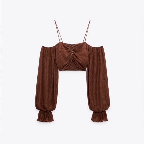 ZARA Brown Pleated Crop Top and Wide Leg Pants Set - Picture 3 of 4